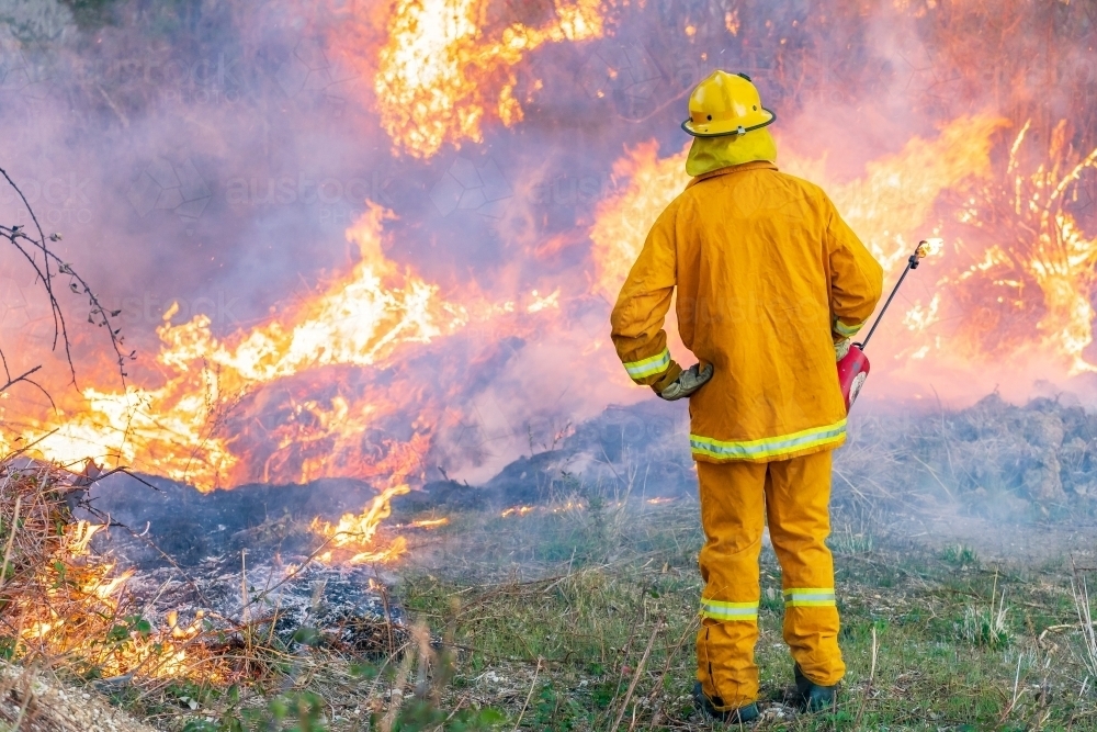 A fireman using a torch watching over a fuel reduction burn off - Australian Stock Image