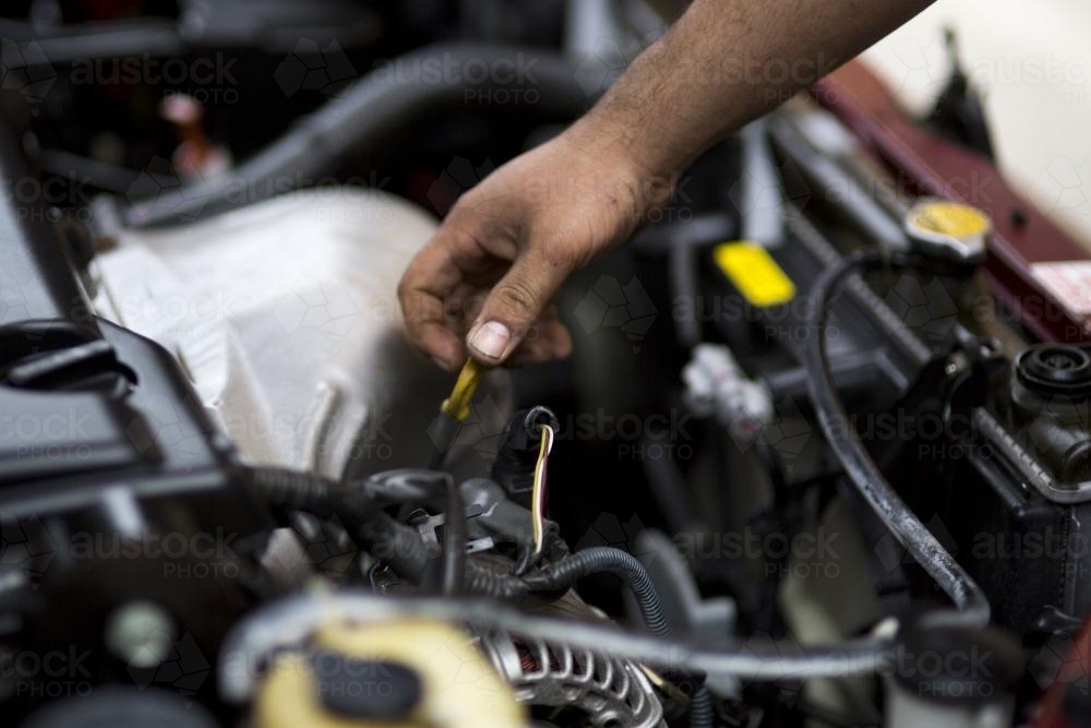 A mechanic inspects the oil level on the dipstick during a routine car service. - Australian Stock Image