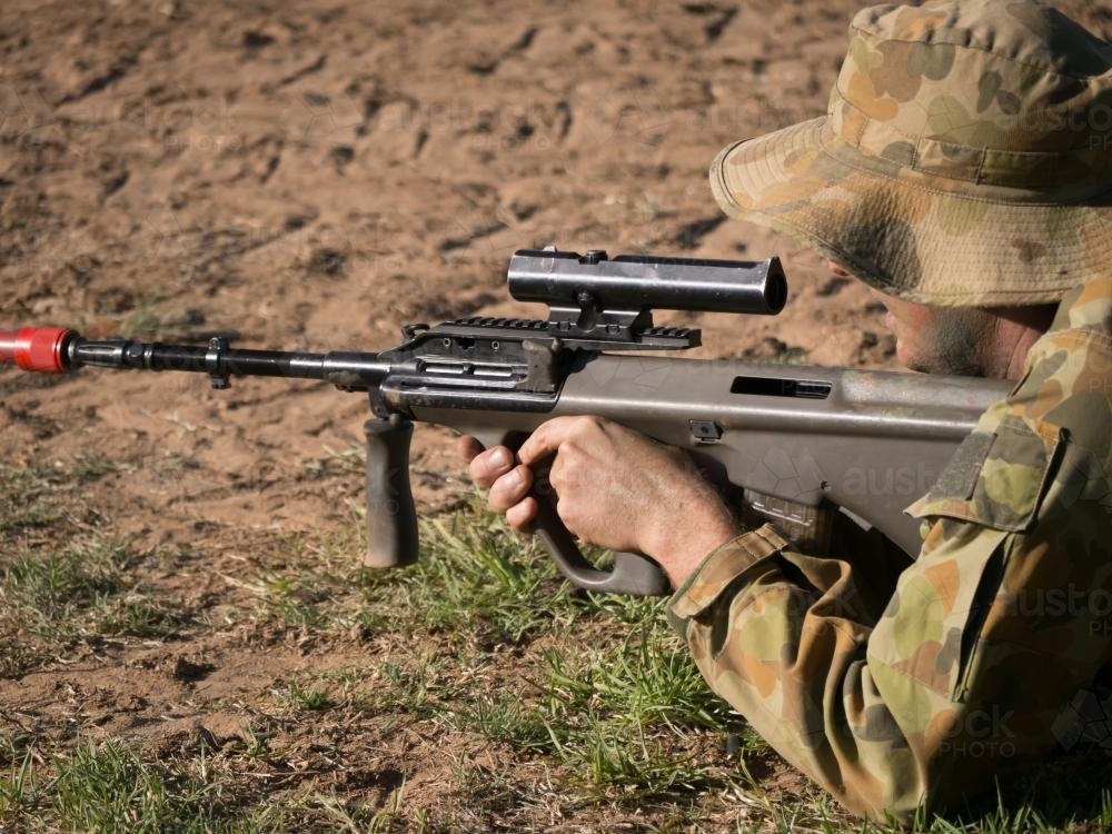 Australian Army Reserve Exercise - Close up of Soldier with Gun - Australian Stock Image
