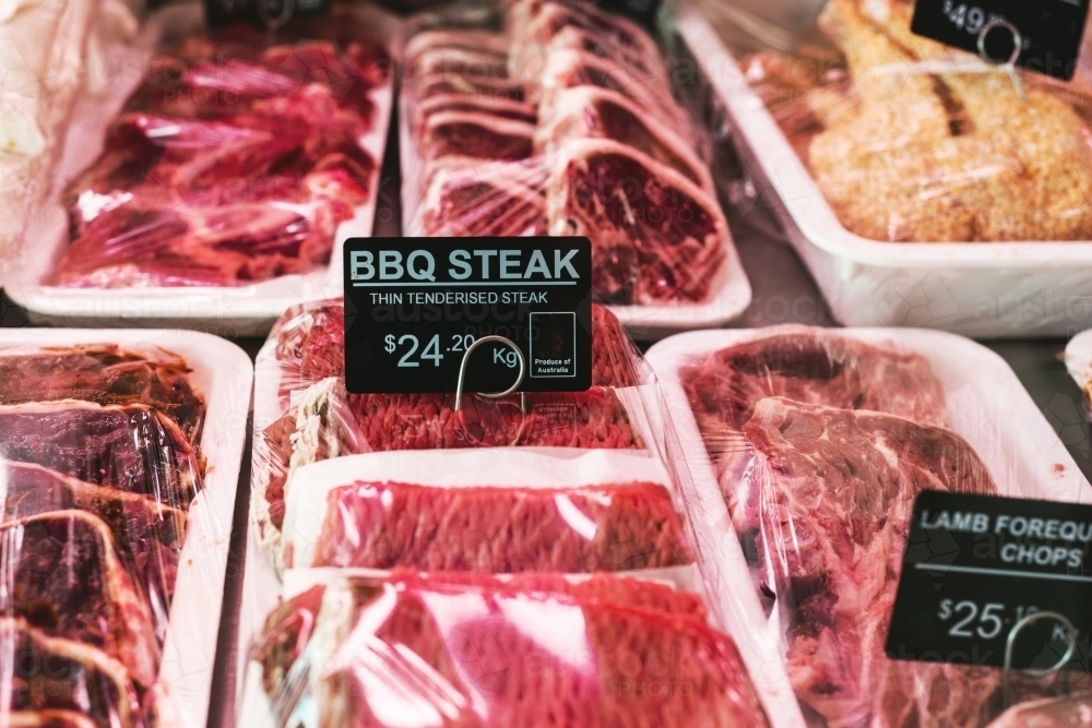 butcher shop, bbq steak meat - Australian Stock Image