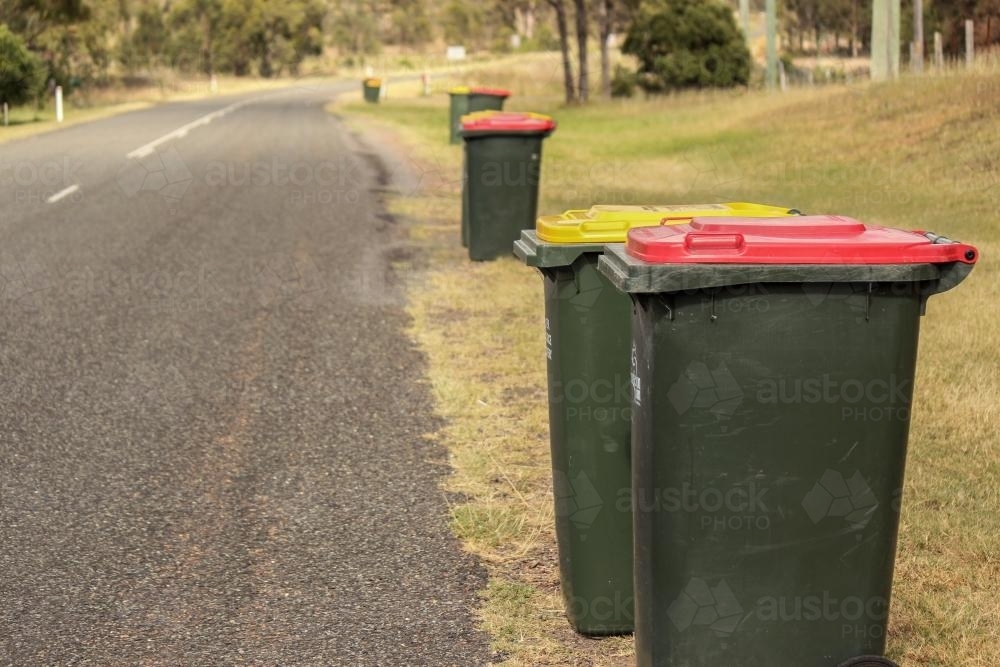 Council bins by the side of a rural road - Australian Stock Image