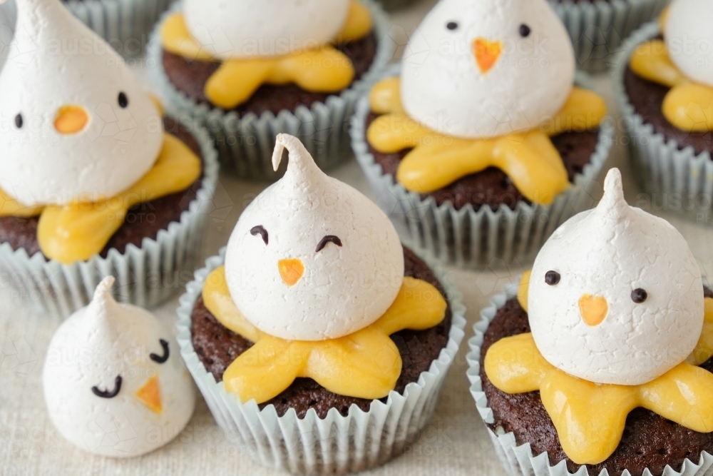Easter chick lemon chocolate cupcakes - Australian Stock Image
