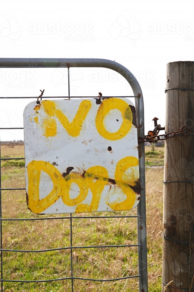 farm gate with No Dogs sign - Australian Stock Image