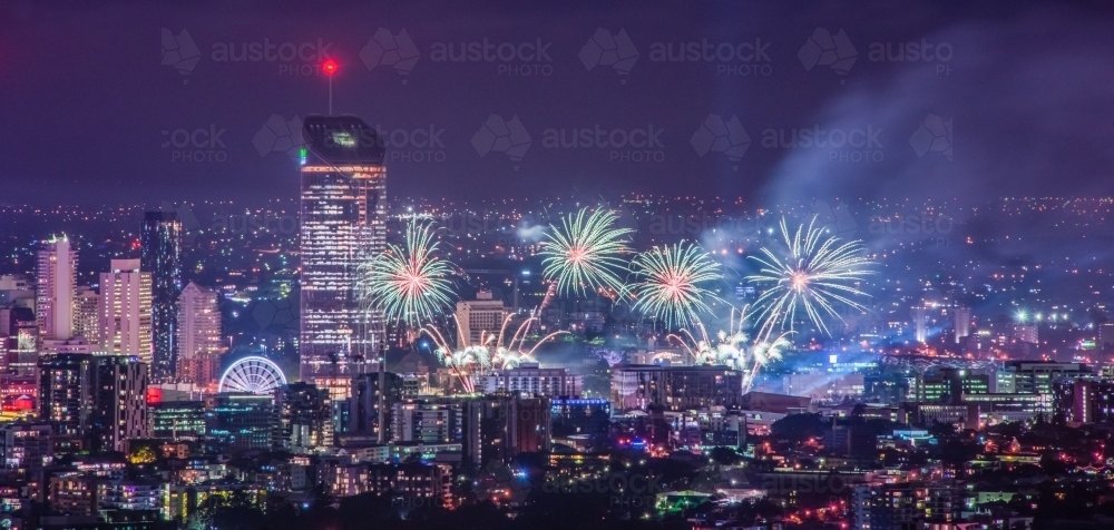 Fireworks over the Brisbane city skyline - Australian Stock Image