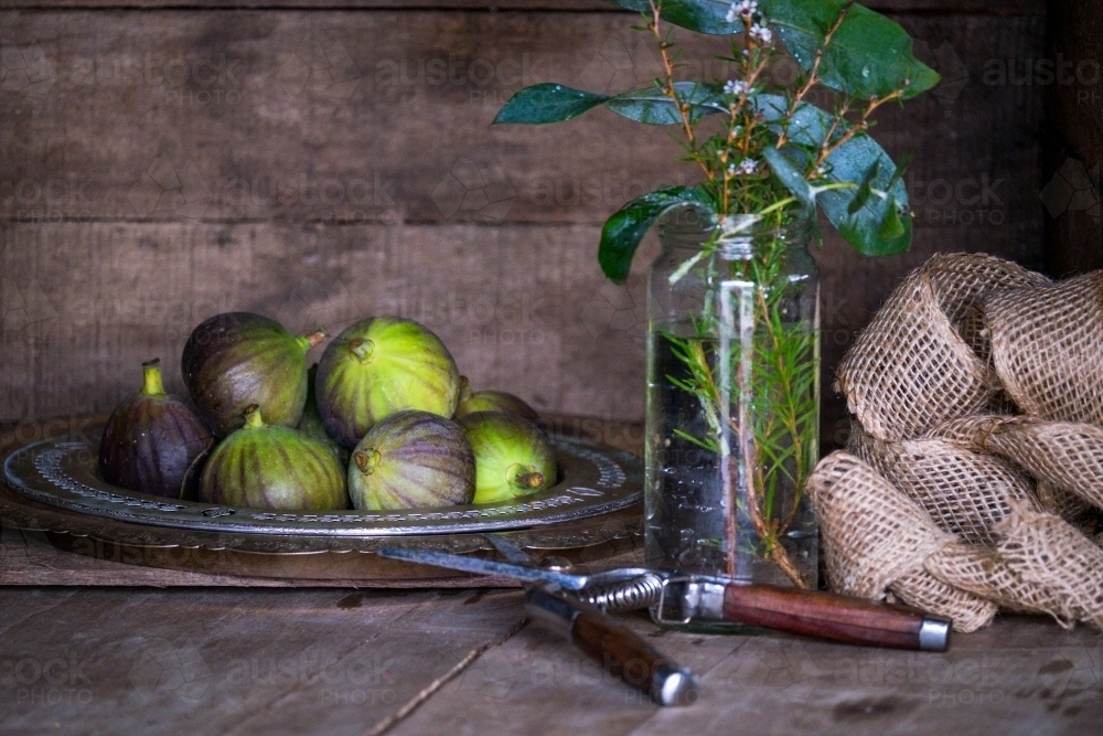 Fresh picked figs on a silver plate - Australian Stock Image