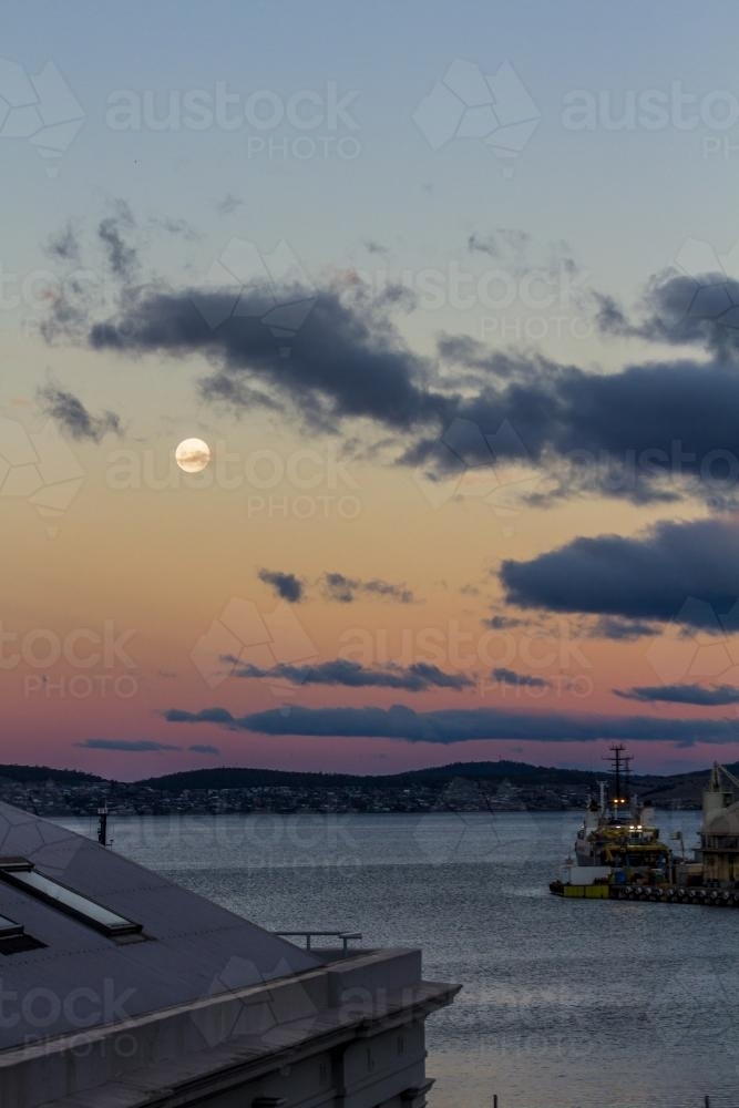 Hobart Wharf Sunset and Moonrise - Australian Stock Image