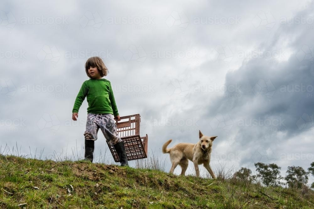 Little girl & her dog walking on grass - Australian Stock Image