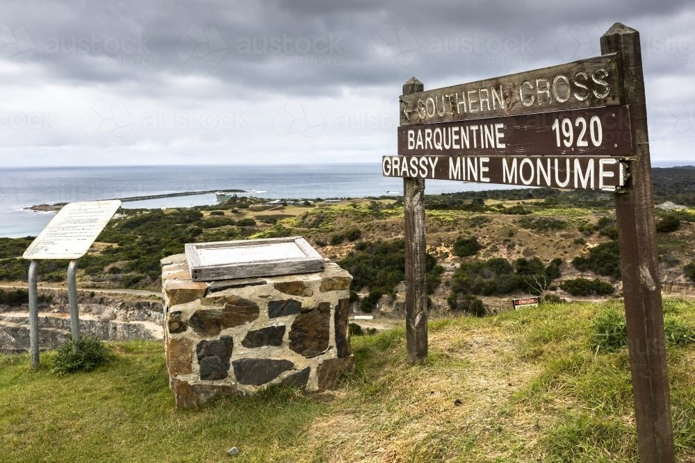 Lookout over Grassy Harbour, the Grassy Mine and the Southern Cross Shipwreck - Australian Stock Image