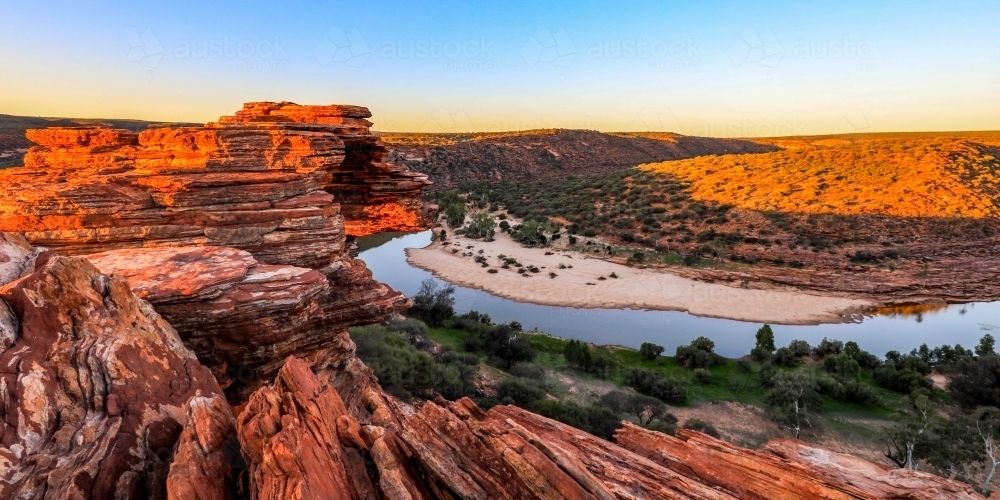 Natures window rock formation overlooking Murchison river - Australian Stock Image