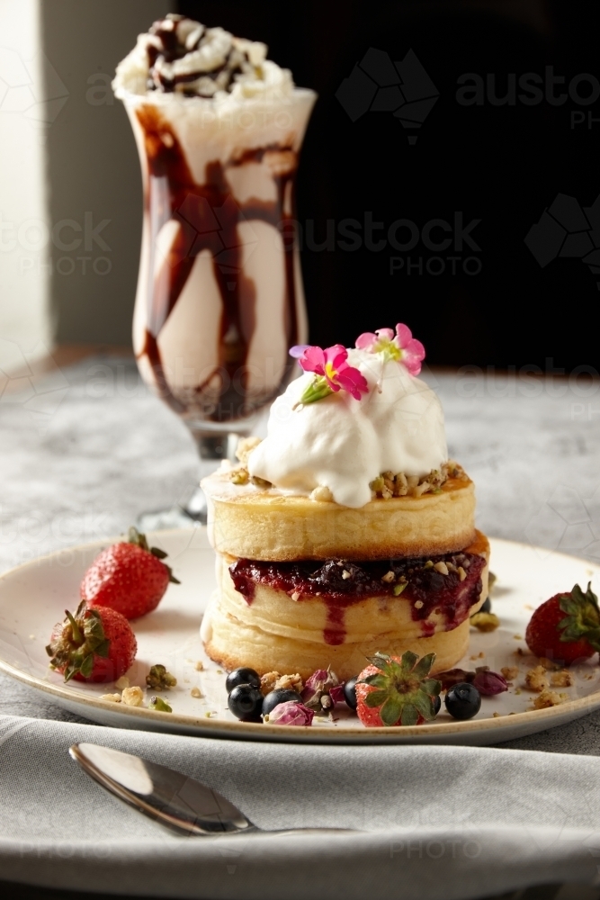 pancakes and ice cream dessert - Australian Stock Image