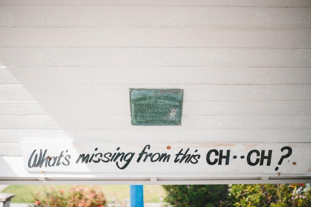 Slogan outside church: what's missing from this church? - Australian Stock Image