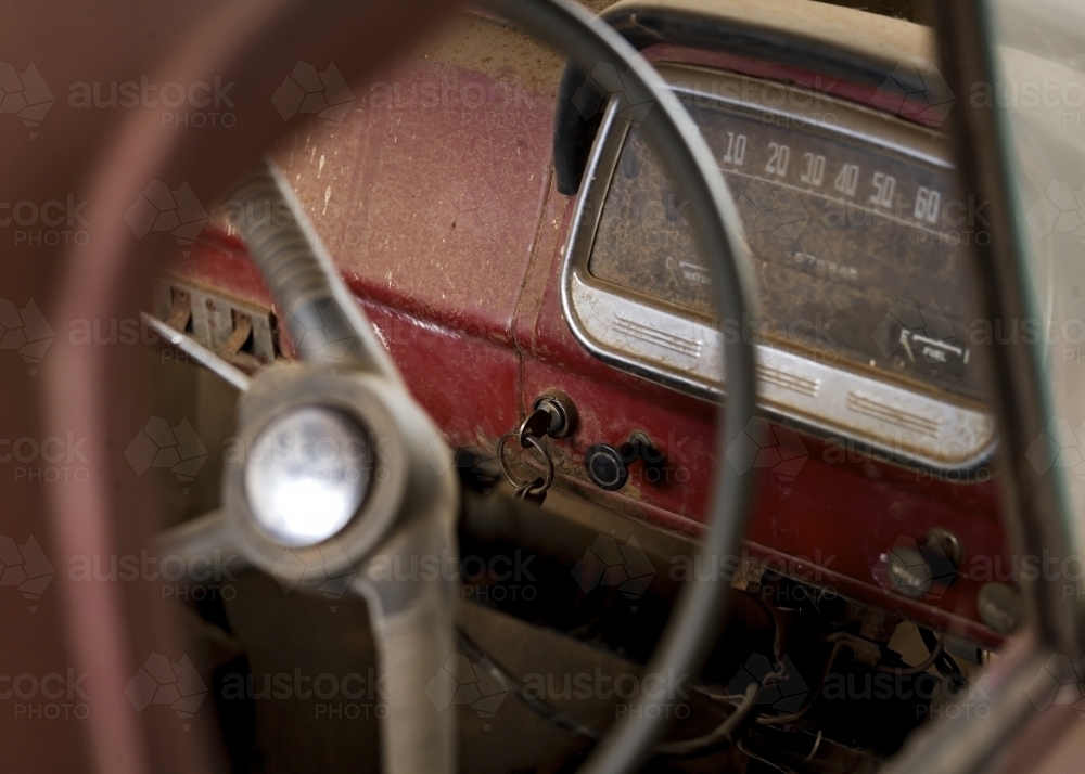 Steering wheel and keys on old truck - Australian Stock Image