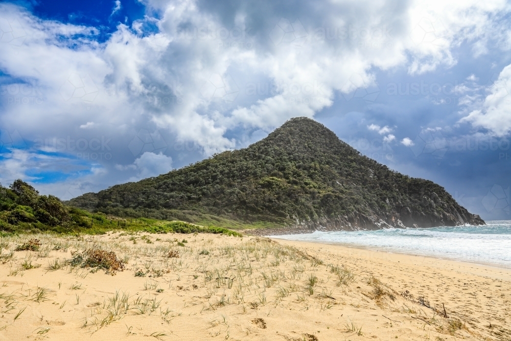 Tree covered mountain on coastline against sandy beach and cloudy blue sky - Australian Stock Image