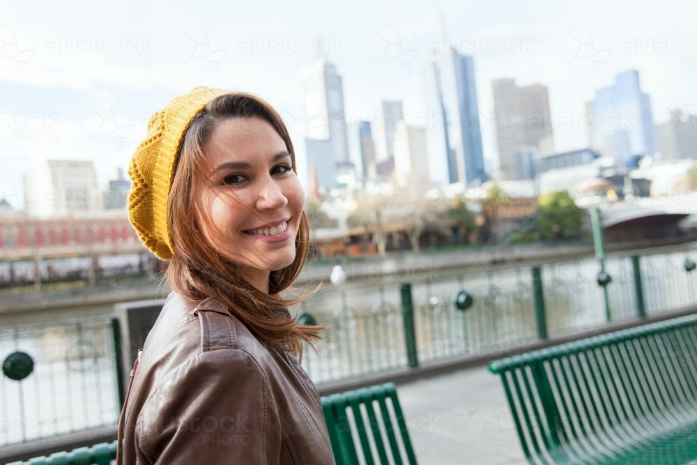 Woman walking from Southbank to Melbourne City - Australian Stock Image