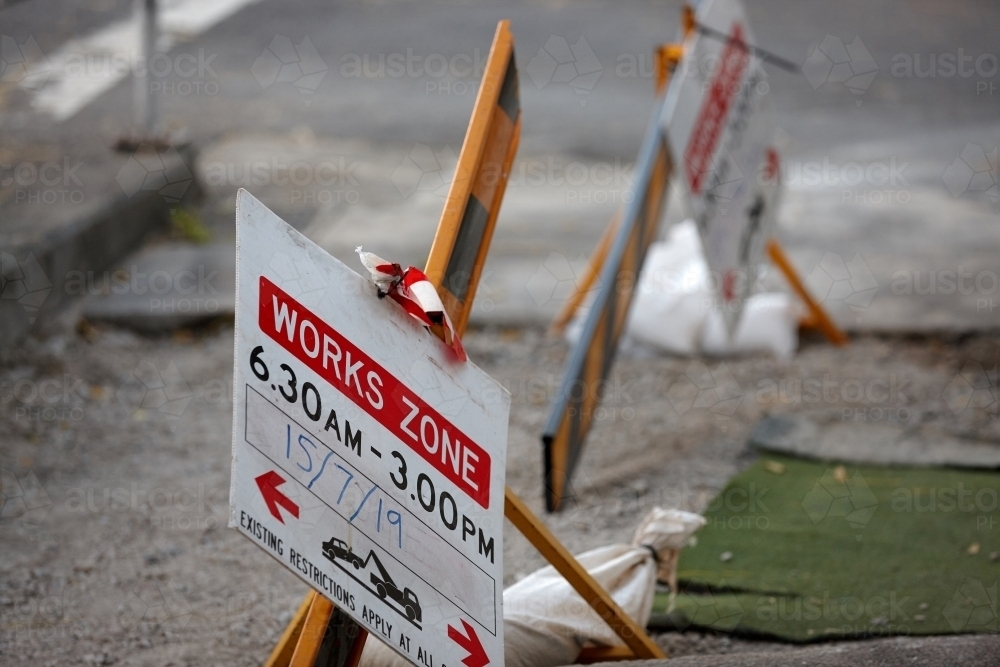 Workzone signage and construction on pavement - Australian Stock Image