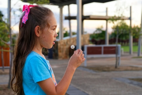 A Beautiful young girl at sunset blowing a dandelion flower to make a wish close up