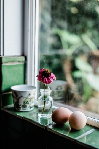 A cup, two eggs and a wilting flower in a vase sitting on a window sill.