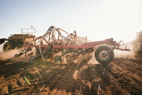 A seeding machine dry sowing wheat in the Avon Valley region of Western Australia