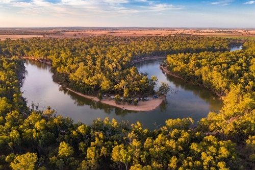 Aerial view of a bend on the Murray River early in the morning