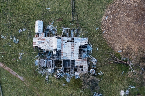 Aerial view of abandoned shearing shed on farm