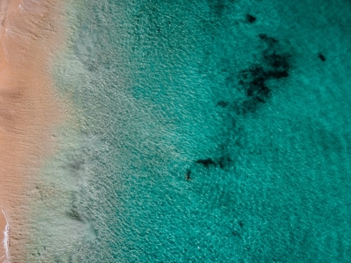 Aerial view of clear aqua water and shoreline
