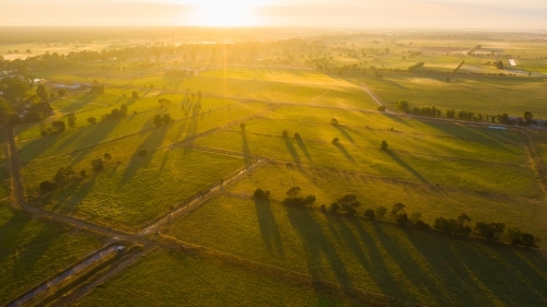 Aerial view of golden morning light and long shadows over green farmland