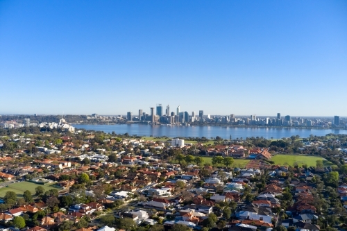 Aerial view of South Perth, Swan River and Perth City Skyling
