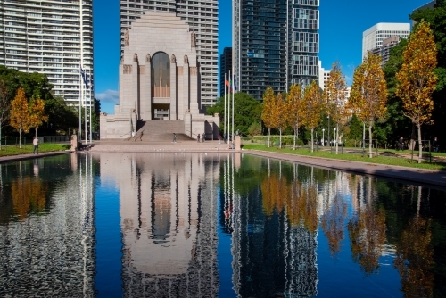 ANZAC Memorial in Hyde Park, Sydney with reflections in pond