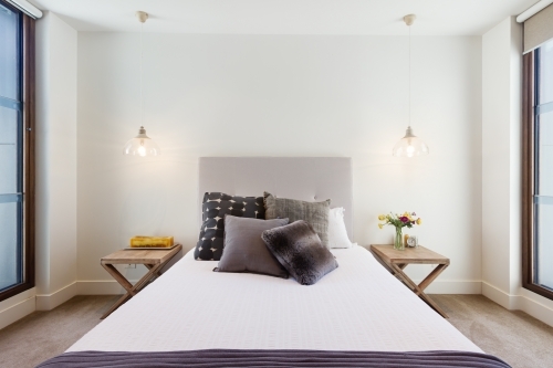 Beautiful hamptons style bedroom decor in luxury home interior