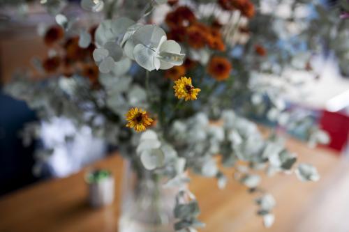 Blue Eucalyptus and dried flowers on a table in a cafe