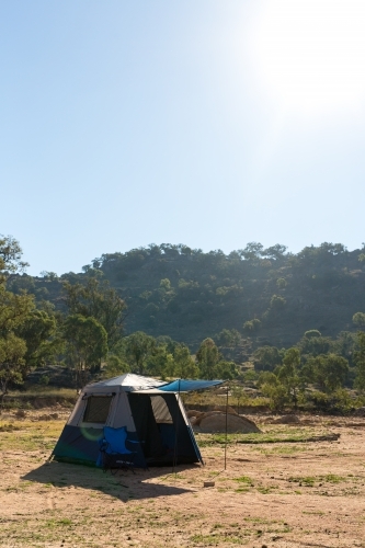Camping holiday tent and chair at wyangala dam