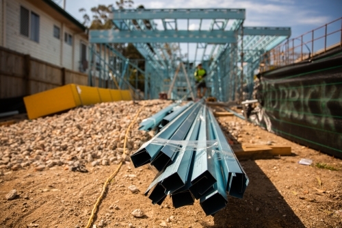 close up of steel frame pieces on a building site
