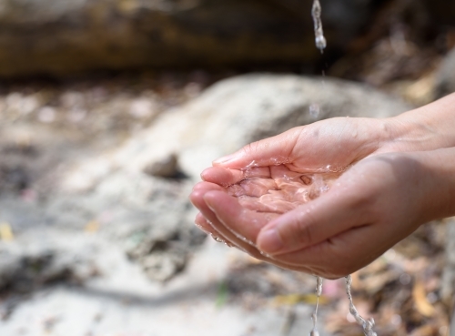 Close up of tap water filling woman hands