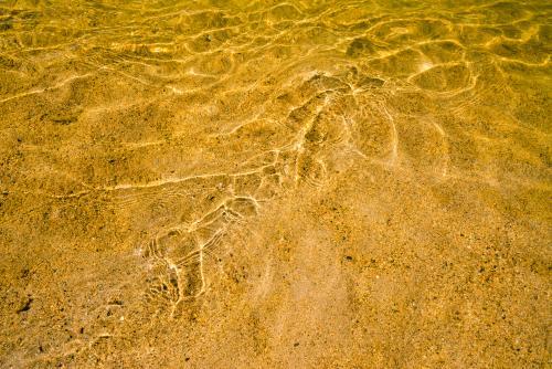 Close up shot of water rippling over yellow sand