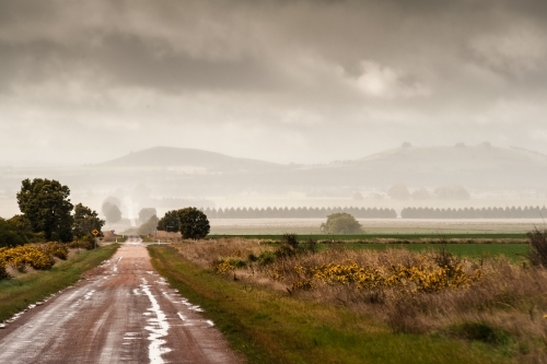 Clunes winter landscape of rain and unsealed country road