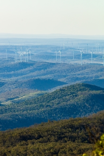 Coopers Gap wind farm in southern Queensland viewed from the distant Bunya Mountains