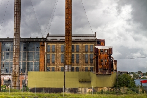 Derelict White Bay Power Station on a cloudy day