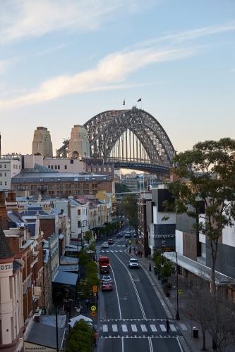 Elevated view of Sydney Harbour Bridge and The Rocks on dusk