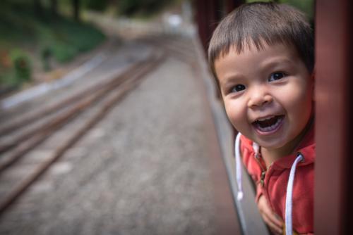 Excited 2 year old mixed race boy cheerfully rides the Walhalla historic train