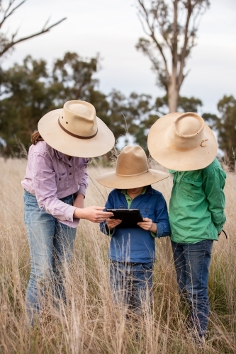 Farm kids using an ipad in the paddock