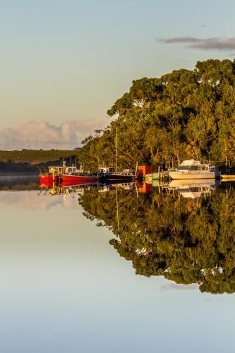 Group of Boats Moored on Glassy Water with Reflections