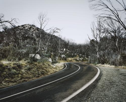 Mountain Road through bleak winter landscape