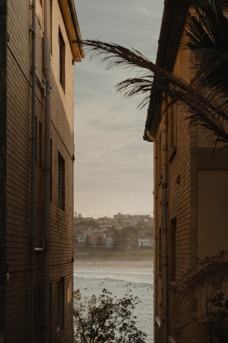 Ocean view between two apartment buildings at sunset over Bondi Beach on a winter afternoon.