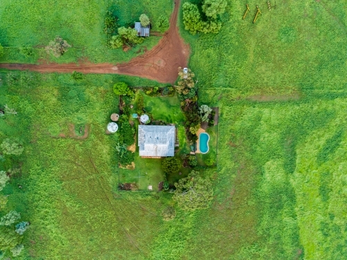 Overhead view of country house on rural farm