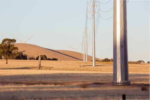 Rural Wind Turbines in a farm setting with powerlines in the foreground