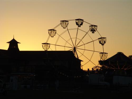 Silhouette of ferris wheel and buildings at a showground