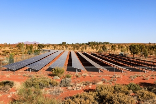 Solar panel farm in outback destination beneath blue sunny sky