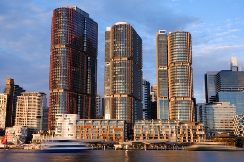 Sunny Barangaroo Sydney buildings on waterfront