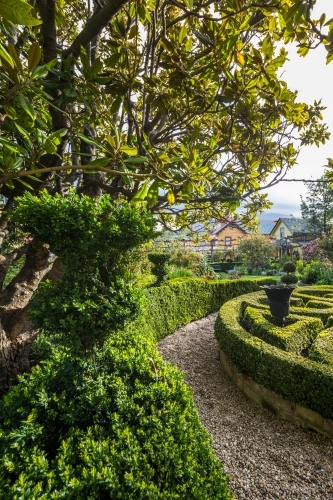 The gardens and hedges of the historic Corinda accommodation in Hobart