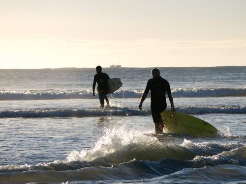 Two surfers entering the water in the early morning light